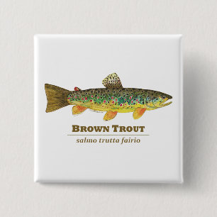 Badge Carré 5 Cm Ichthyologie latine de la truite Brown