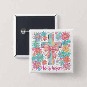 Badge Carré 5 Cm "Il est ressuscité" Croix religieuse de Pâques