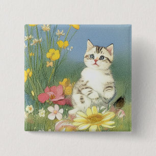 Badge Carré 5 Cm Illustration de Kitten vintage avec Fleurs Jaunes