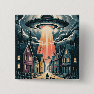 Badge Carré 5 Cm Illustration de rue nocturne d'enlèvement par OVNI