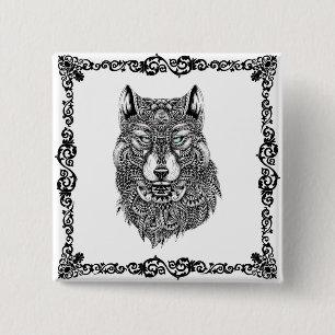Badge Carré 5 Cm Illustration du Loup noir et cadre Vintage noir