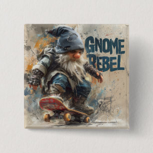 Badge Carré 5 Cm illustration graphique de gnome rebelle en skatebo