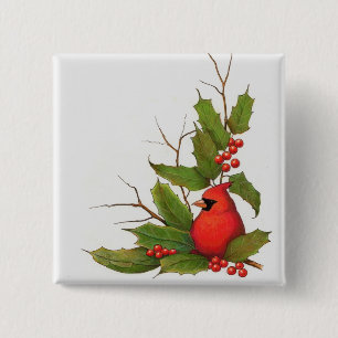 Badge Carré 5 Cm Illustration tirée par la main de Noël : Houx,