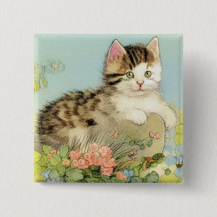 Badge Carré 5 Cm Illustration vintage de chat avec fleurs roses