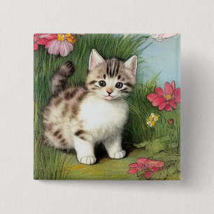 Badge Carré 5 Cm Illustration vintage de chat avec Fleurs rouges