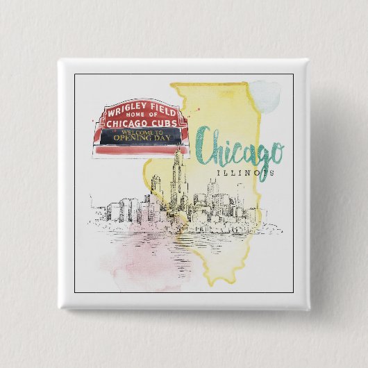 Badge Carré 5 Cm Image de croquis d'aquarelle de Chicago, (Devant)
