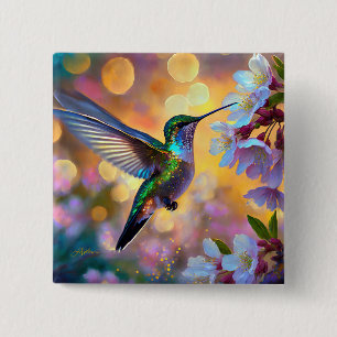 Badge Carré 5 Cm Imaginaire de cerisier en fleurs Hummingbird