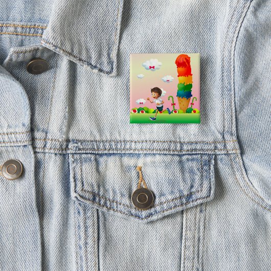 Badge Carré 5 Cm Imaginaire Ice Cream Cone avec Happy Running Boy