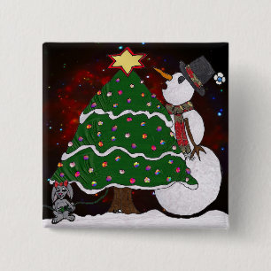 Badge Carré 5 Cm Impression d'art Surprise Bonhomme de Neige Arbre