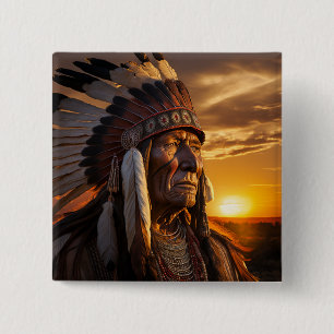 Badge Carré 5 Cm Indien en chef majestueux dans le Far West
