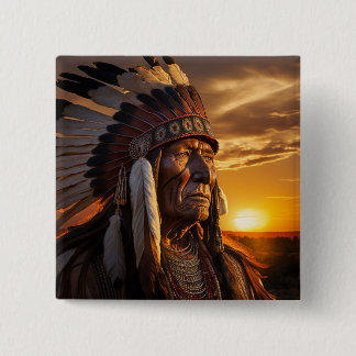 Badge Carré 5 Cm Indien en chef majestueux dans le Far West