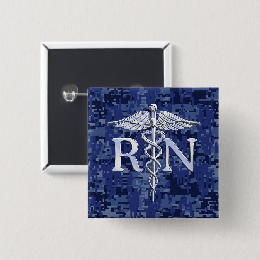 Badge Carré 5 Cm Infirmière autorisée RN Caduceus sur Camo Bleu (Devant & derrière)