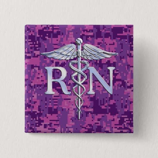 Badge Carré 5 Cm Infirmière inscrite RN Silver Caduceus Fuchsia Cam (Devant)