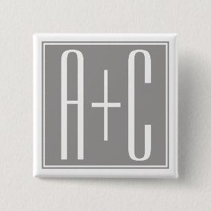 Badge Carré 5 Cm Initiales de couples ou autre texte   Blanc & Gris