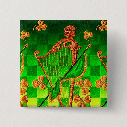 Badge Carré 5 Cm IRLANDE HARP, OR VERT SHAMROCK St Patrick's Day (Devant)