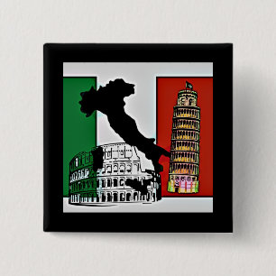 Badge Carré 5 Cm Italie - Drapeau, Silhouette, Tour et Colisée