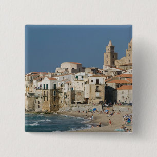 Badge Carré 5 Cm Italie, Sicile, Cefalu, Ville avec Duomo de