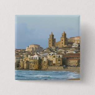 Badge Carré 5 Cm Italie, Sicile, Cefalu, Vue avec Duomo depuis 2
