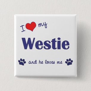 Badge Carré 5 Cm J'aime mon Westie (le chien masculin)
