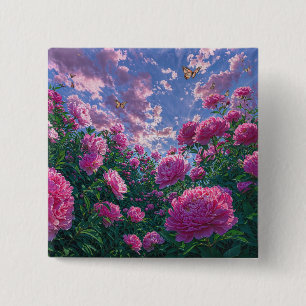 Badge Carré 5 Cm Jardin de pivoines roses avec papillons