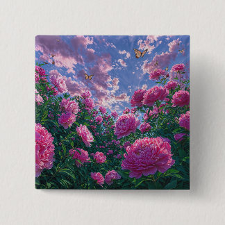 Badge Carré 5 Cm Jardin de pivoines roses avec papillons