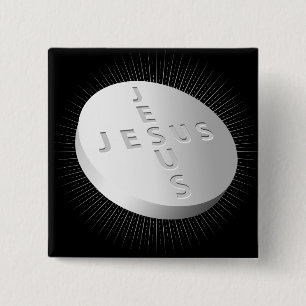 Badge Carré 5 Cm Jesus Cures Pill - Foi Religieuse Chrétienne Prier