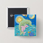 Badge Carré 5 Cm Jeu de dauphins (Devant & derrière)