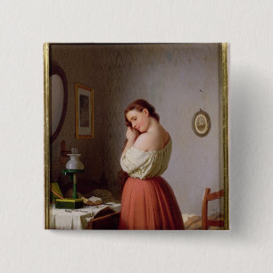 Badge Carré 5 Cm Jeune femme tressant ses cheveux