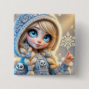 Badge Carré 5 Cm Jeune fille de neige avec flocon de neige scintill