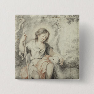 Badge Carré 5 Cm Jeune John avec l'agneau dans un paysage