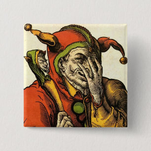 Badge Carré 5 Cm Joker, farceur ou imbécile médiéval classique.