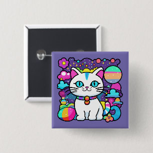 Badge Carré 5 Cm Joli Chat Cosmique Blanc