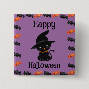 Badge Carré 5 Cm Joli chat noir en chapeau de sorcière Joyeux Hallo