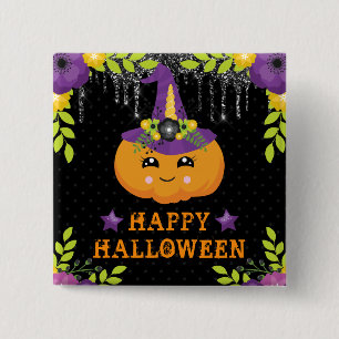 Badge Carré 5 Cm Joli Citrouille Floral Joyeux Halloween