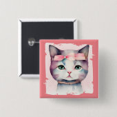 Badge Carré 5 Cm Joli Kitty Avec Bouton Bow Rose (Devant & derrière)