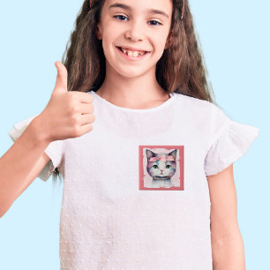 Badge Carré 5 Cm Joli Kitty Avec Bouton Bow Rose