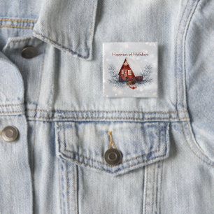 Badge Carré 5 Cm Jolie cabane d'hiver personnalisée pour Noël et fê