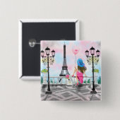 Badge Carré 5 Cm Jolie femme à Paris Button avec la Tour Eiffel (Devant & derrière)