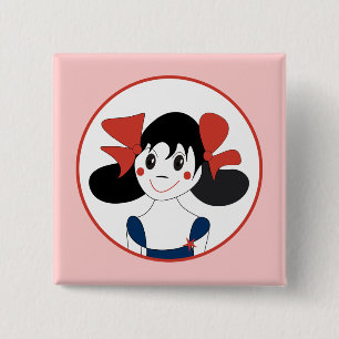 Badge Carré 5 Cm Jolie Fille avec des Rubans Rouges Illustration po