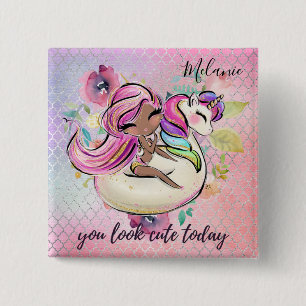 Badge Carré 5 Cm Jolie Fille TU ES MIGNONNE AUJOURD'HUI Licorne Ros