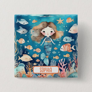 Badge Carré 5 Cm Jolie petite sirène sous la mer avec poisson corai