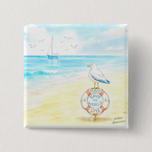 Badge Carré 5 Cm Jon Seagull - Paix & Amour Sauvent le Monde