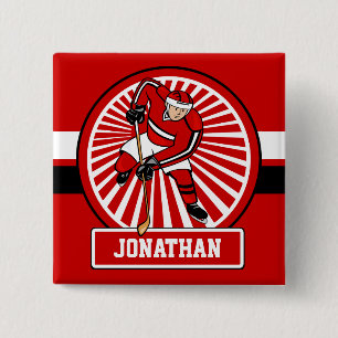 Badge Carré 5 Cm Joueur de hockey rouge et blanc personnalisé de