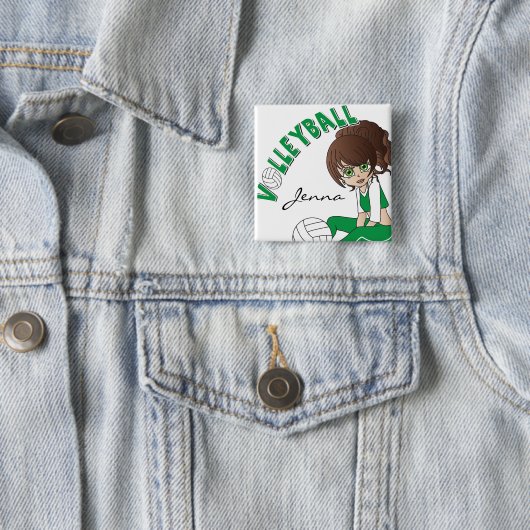 Badge Carré 5 Cm Joueur de volleyball mignon de fille en vert (En situation)