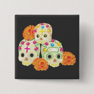 Badge Carré 5 Cm Jour des Crânes de Sucre Morts et Marigolds