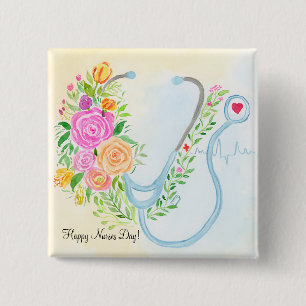 Badge Carré 5 Cm Joyeuse Fête des Infirmières Fleur Stéthoscope App