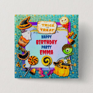 Badge Carré 5 Cm Joyeuse fête d'Halloween remplie de friandises