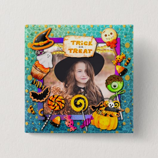 Badge Carré 5 Cm Joyeuse fête d'Halloween remplie de ruse-ou-gâteau (Devant)