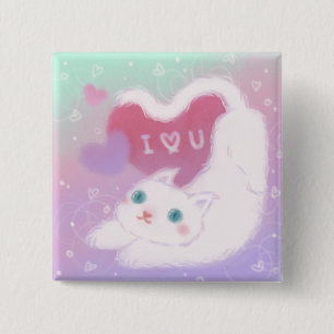Badge Carré 5 Cm Joyeuse Saint-Valentin avec chat blanc duveteux