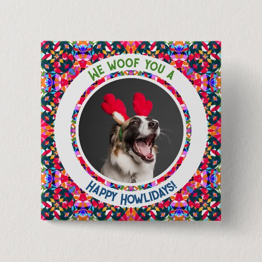 Badge Carré 5 Cm Joyeuses fêtes Noël Photo Pun Chien Papa Maman Mam (Devant)
